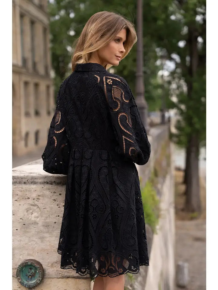 CH003 Embroidered Cotton Lace Dress Black