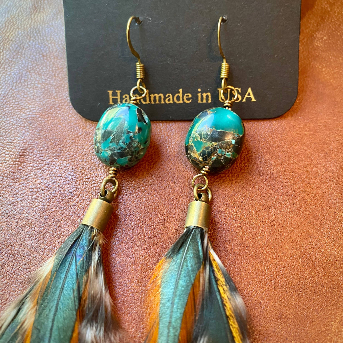 Turquoise & Long Feather Earrings - Cree Mix, Boho Western