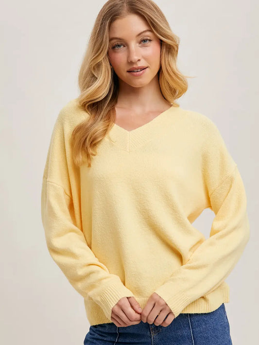V-neck Soft Knit Sweater Pullover Lemonade