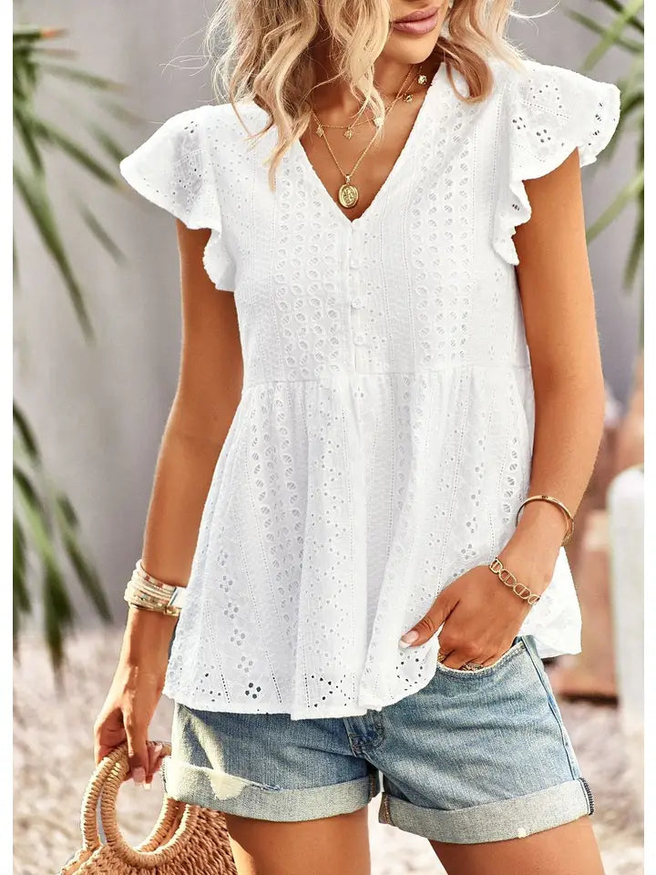 W20504708 Ruffled Sleeve Top White