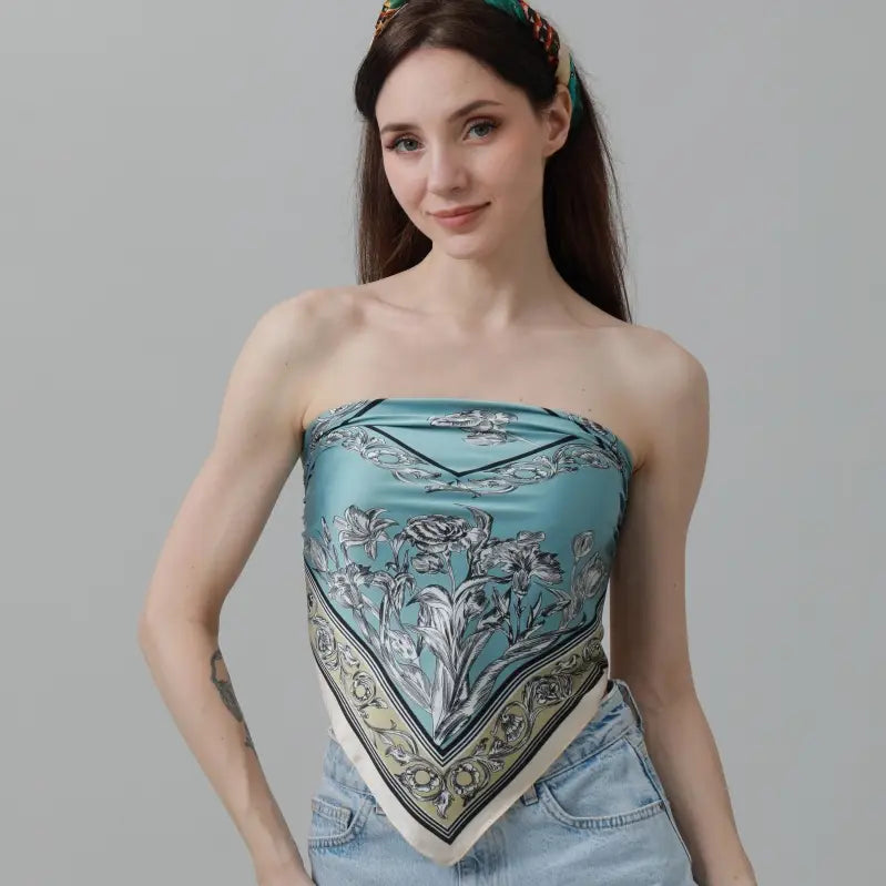 Tulip Bloom Square Scarf- Blue