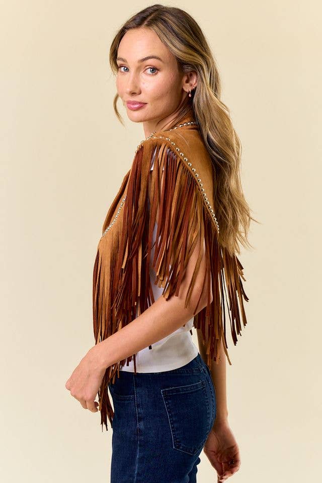 CAMEL STUDDED FRINGE SHRUG