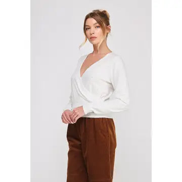 Pointelle scallop trim Cross Over Sweater