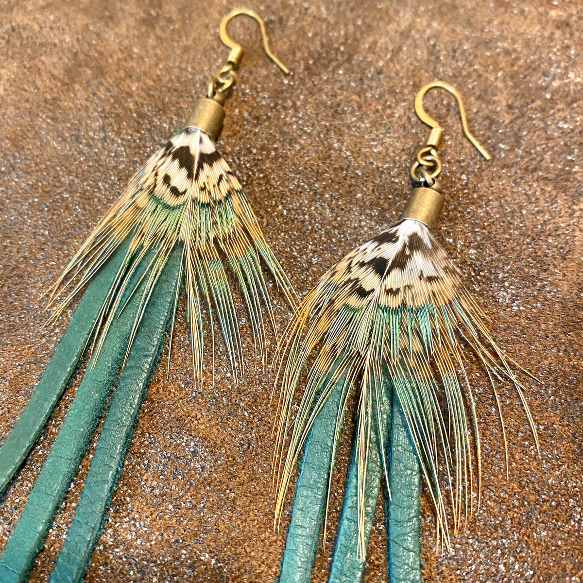 Feather Mini Earrings - Hunter Leather & Pheasant Feather