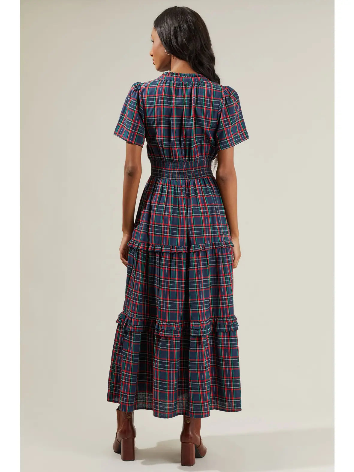 STB13555A Tiered Miley Plaid Poplin Maxi Dress