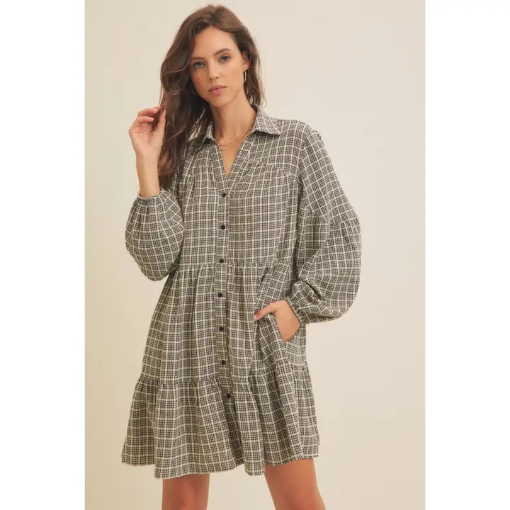 A1676D Plaid Button Down Tiered Dress