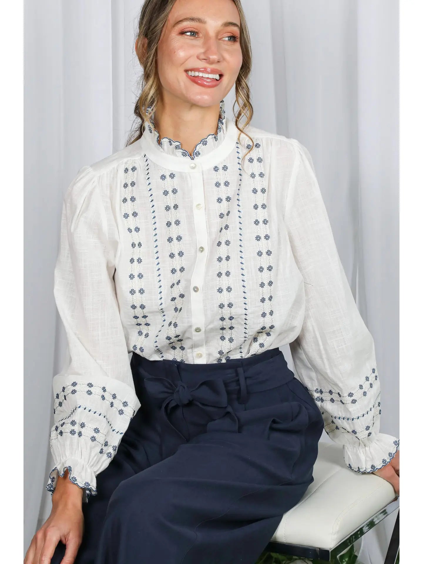 VT82879 Ruffle Embroidered Blouse Top