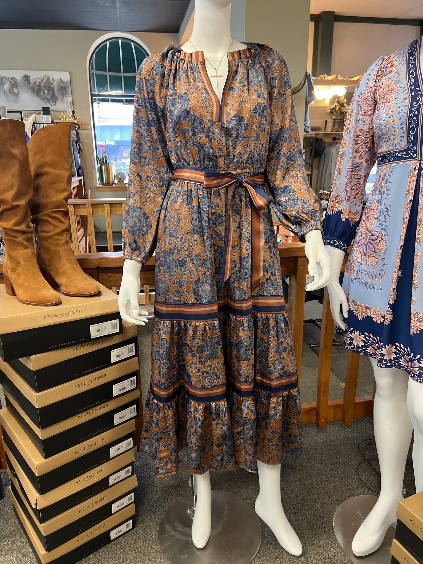 split neck tiered long dress dk brn