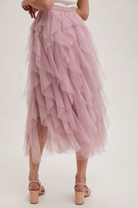 Ruffled Tulle Midi Skirt Rose