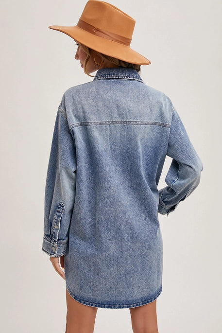 D02546 Denim Button Down Shirt Dress LtWsh