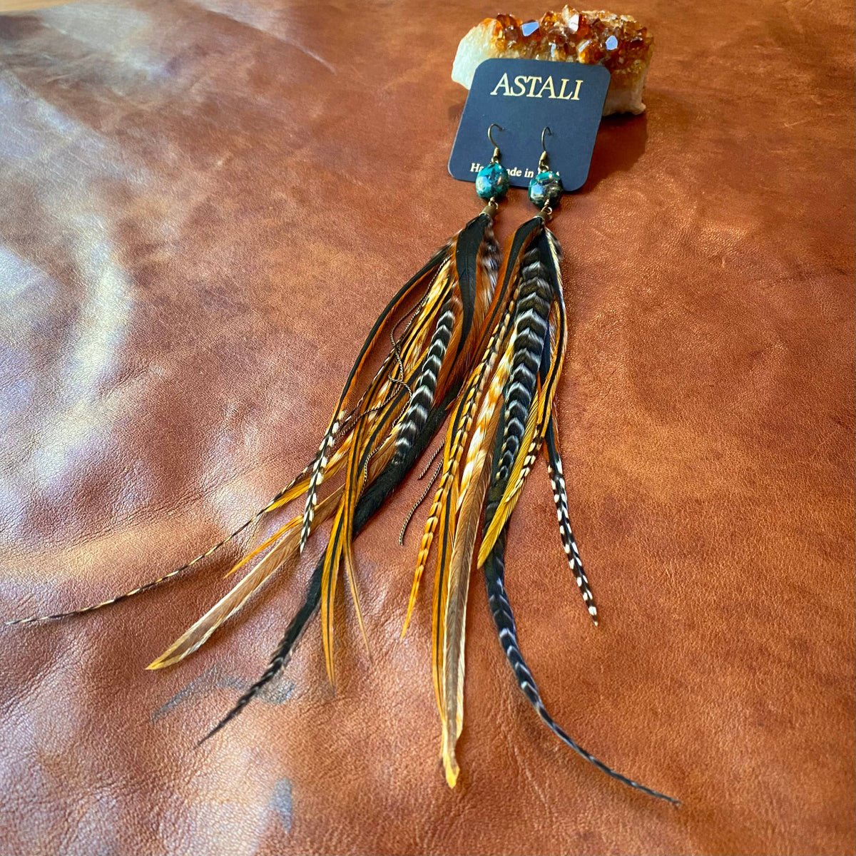 Turquoise & Long Feather Earrings - Cree Mix, Boho Western