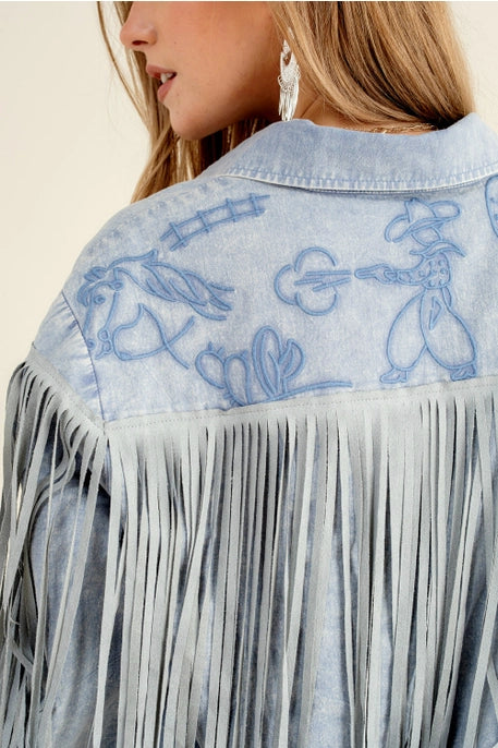 22625 Embroidered Fringe Button Up Blue