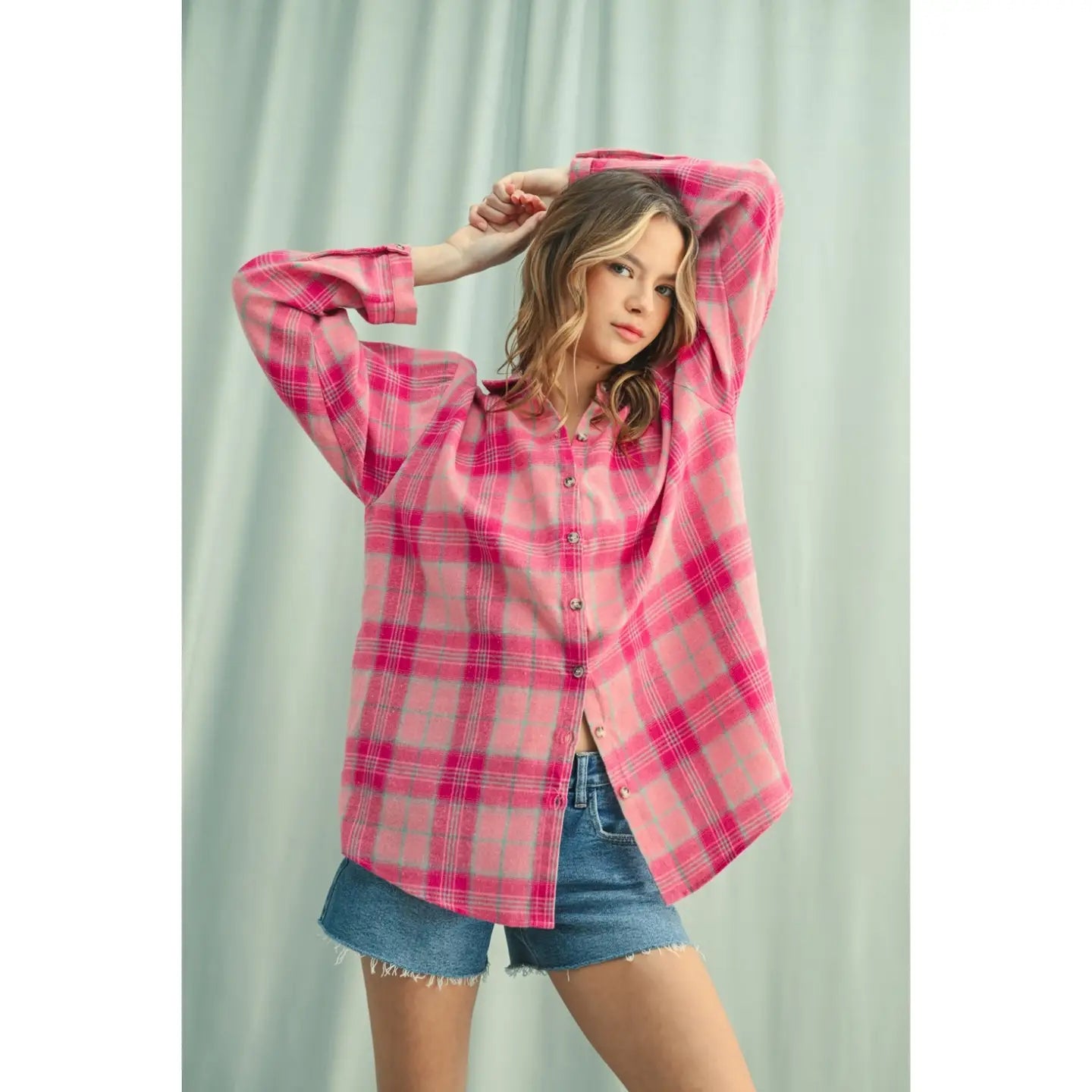 WL25-10813 Brushed Plaid Button Up Shirt Pink Combo