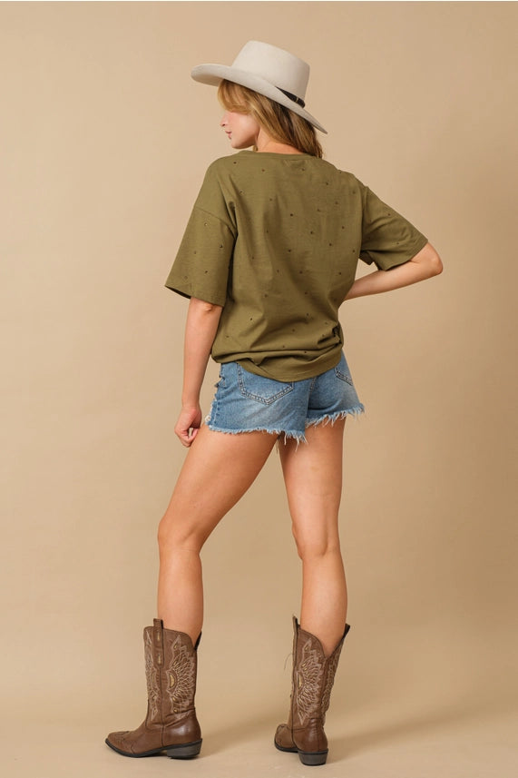 Cotton Jersey Rhinestone Sequin Tee Olive