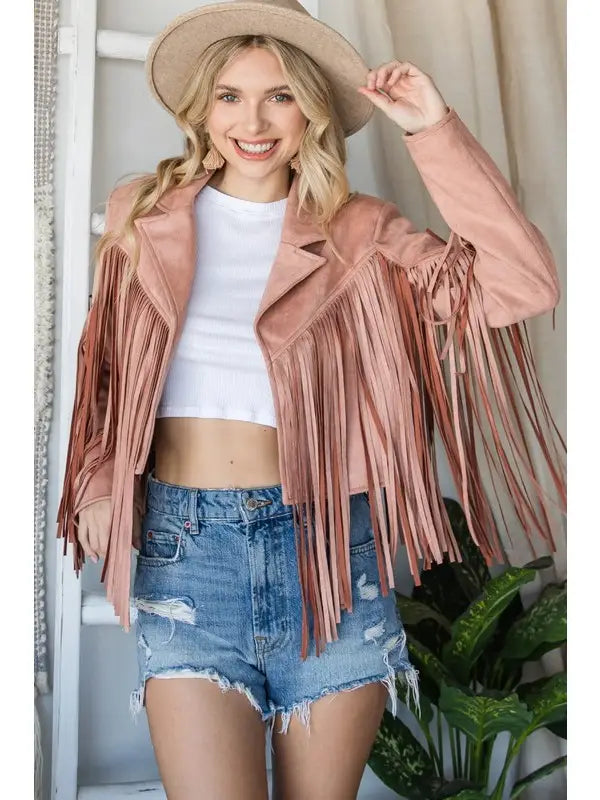 VJ70272-M1 Fringed Suede Moto Jacket Mauve