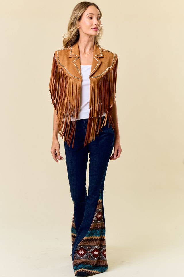 CAMEL STUDDED FRINGE SHRUG