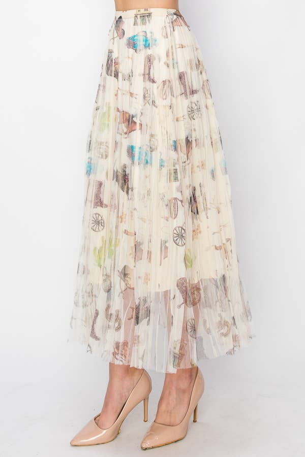 Pleated Tulle Midi Skirt