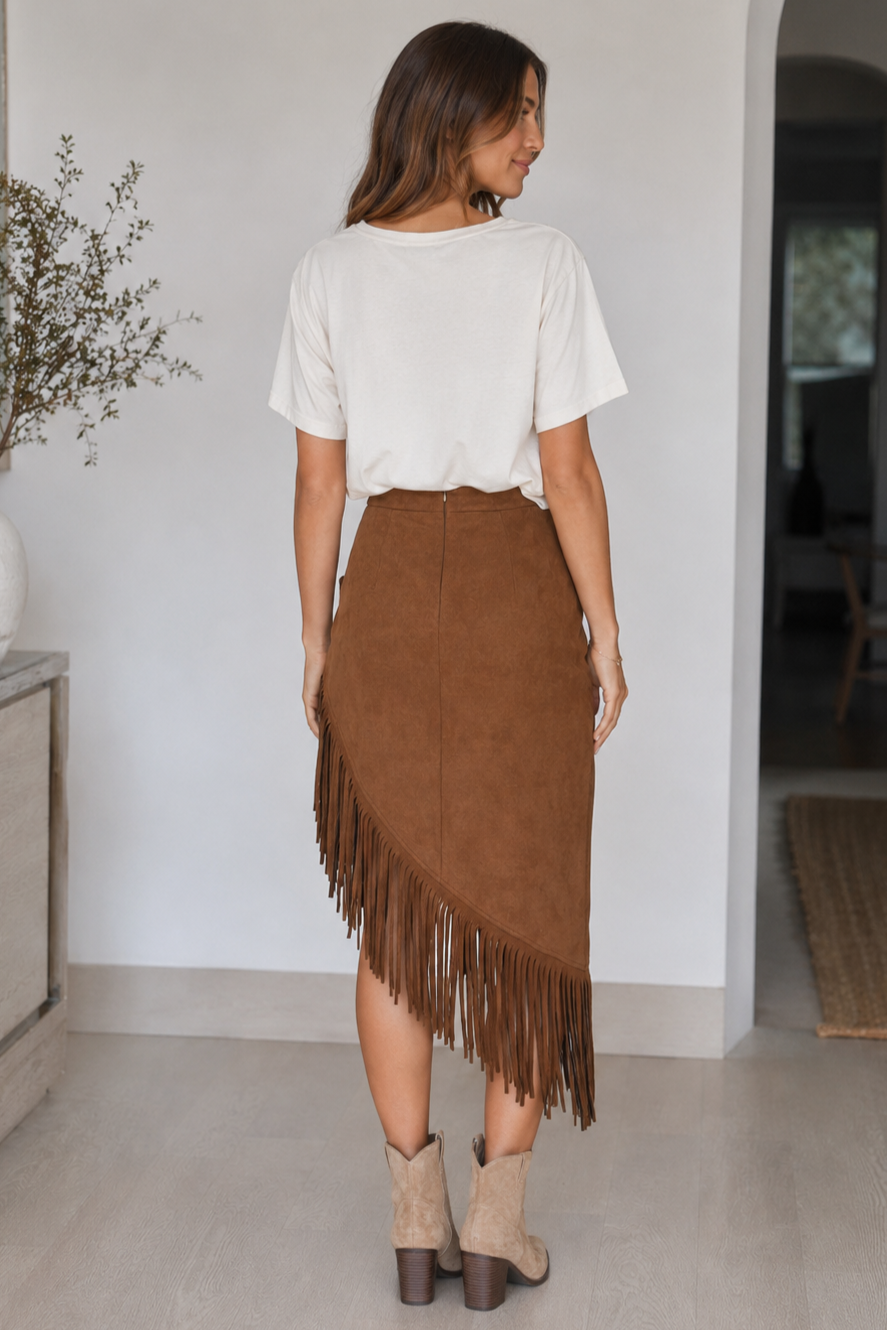 Miss Sparkling Suede Fringe Midi Skirt