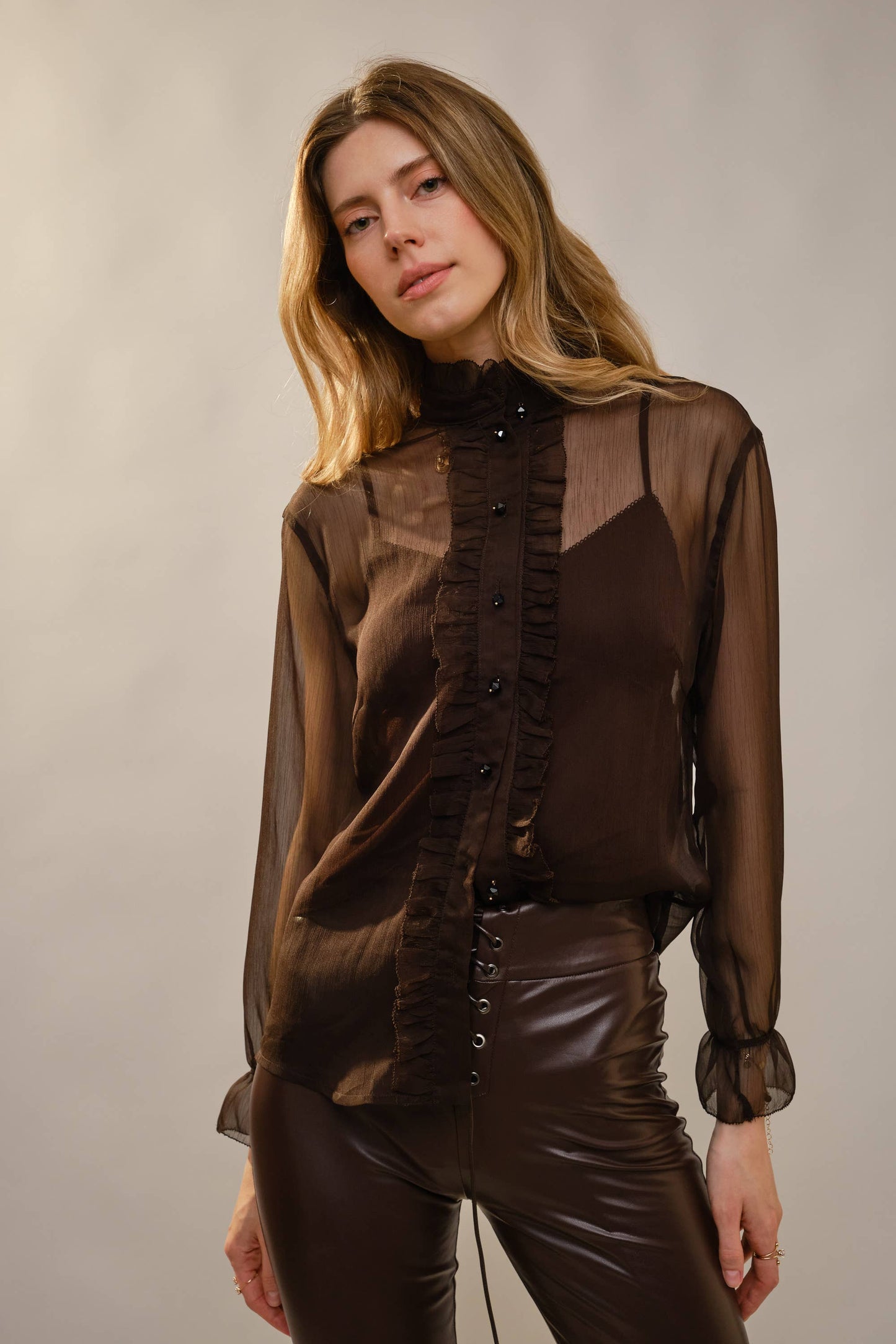 Mock Neck Ruffle Cape Blouse