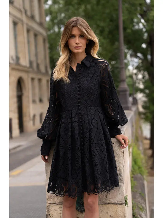 CH003 Embroidered Cotton Lace Dress Black