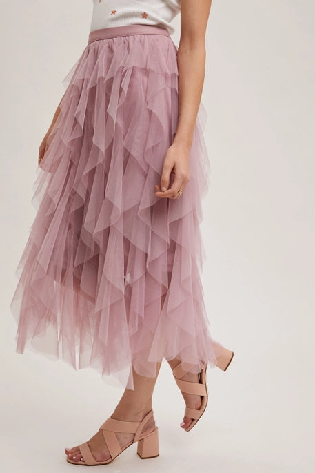 Ruffled Tulle Midi Skirt Rose