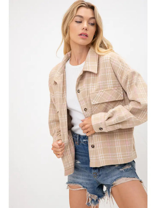 31713J Plaid Shirt Jacket Raw Bottom Blush