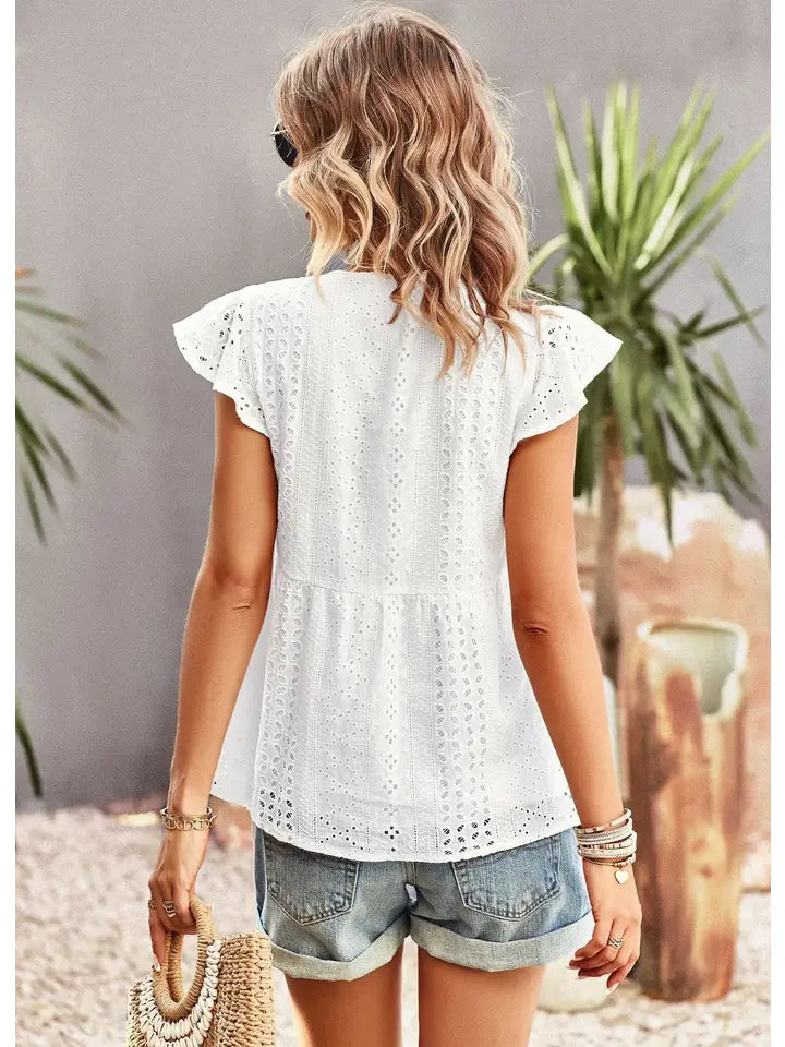 W20504708 Ruffled Sleeve Top White