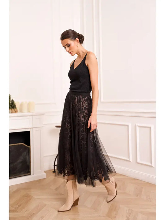 CK08032 March Tulle & Lace Skirt Black Nude