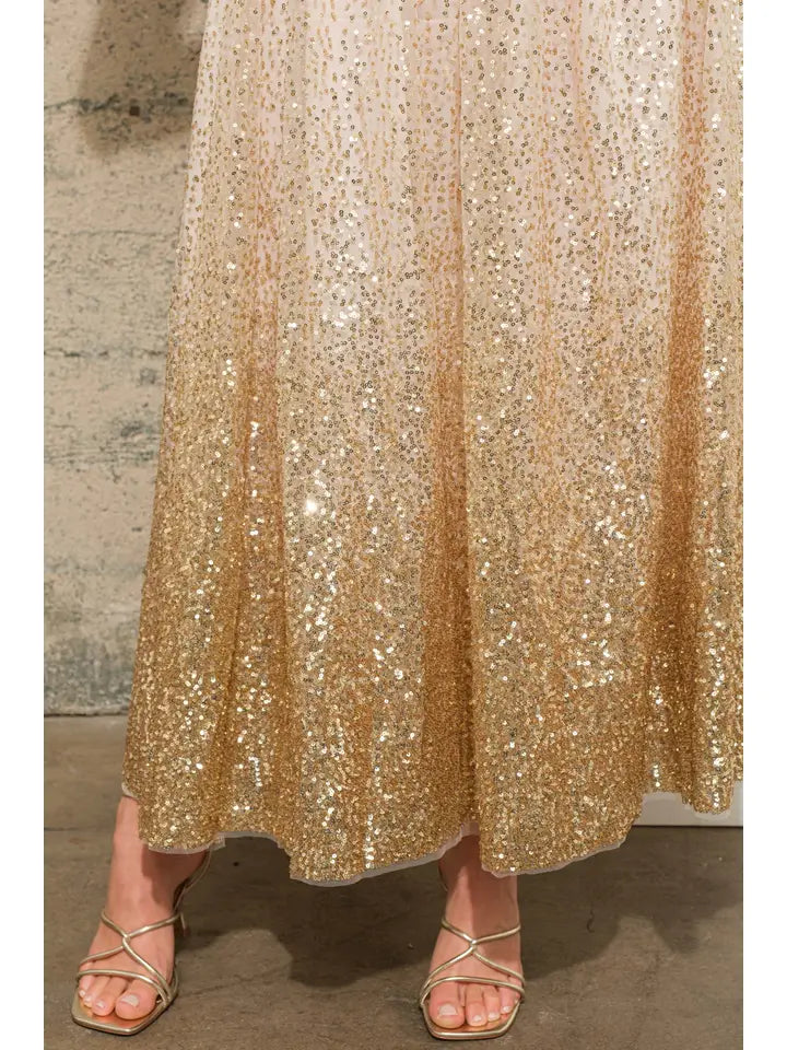 34577S Gradient Sequin Tulle Skirt Gold