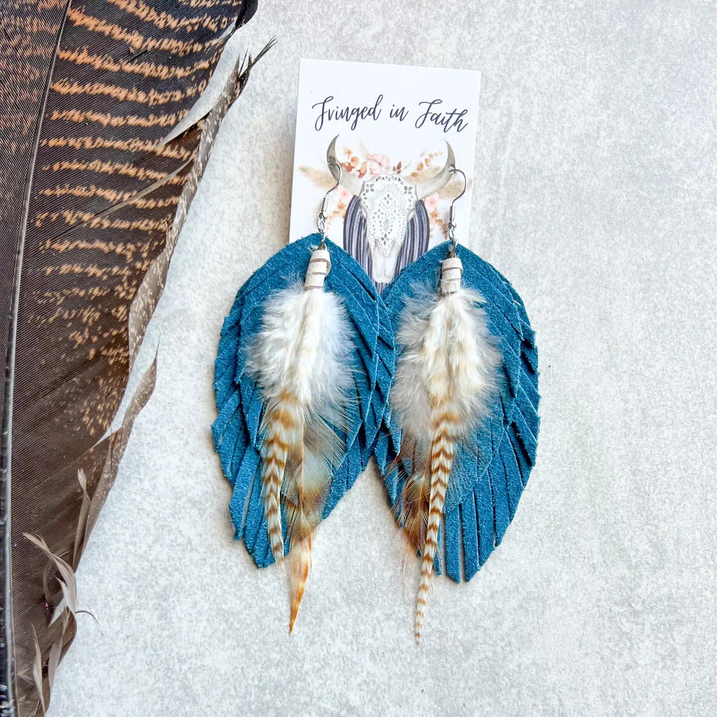Ronan Fringe Feather Earrings Dk Teal
