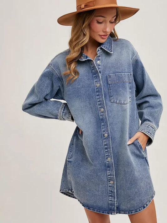 D02546 Denim Button Down Shirt Dress LtWsh