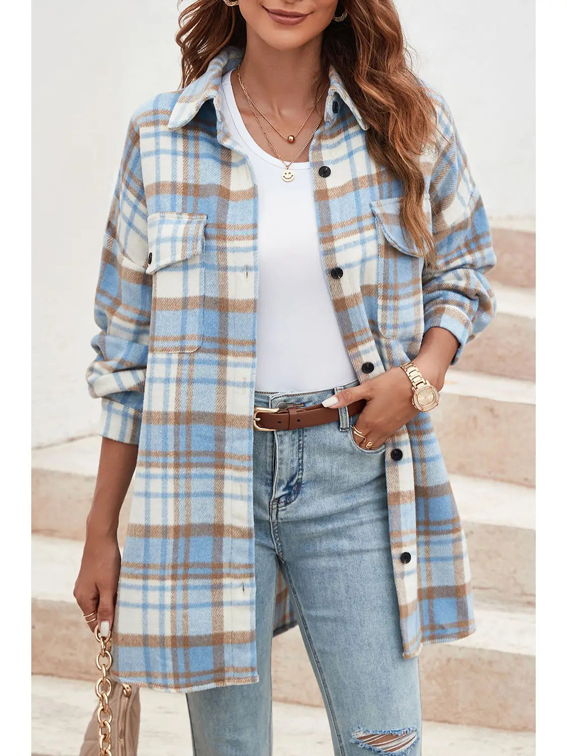 826 Plaid Shacket Blue/Brown