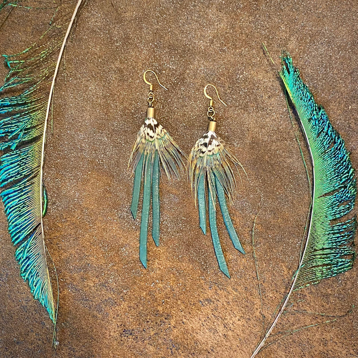 Feather Mini Earrings - Hunter Leather & Pheasant Feather