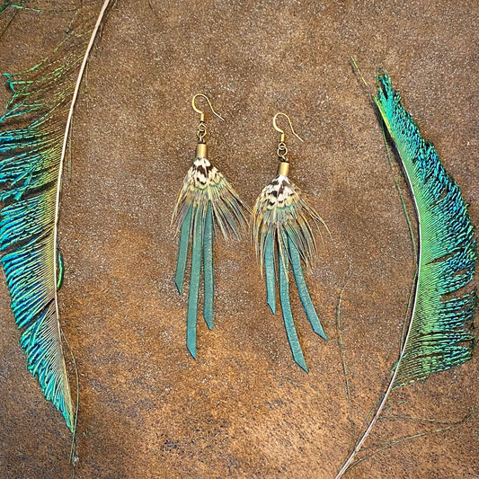 Feather Mini Earrings - Hunter Leather & Pheasant Feather