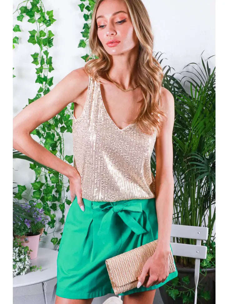 Vneck Slveless Sequin Tank Gold