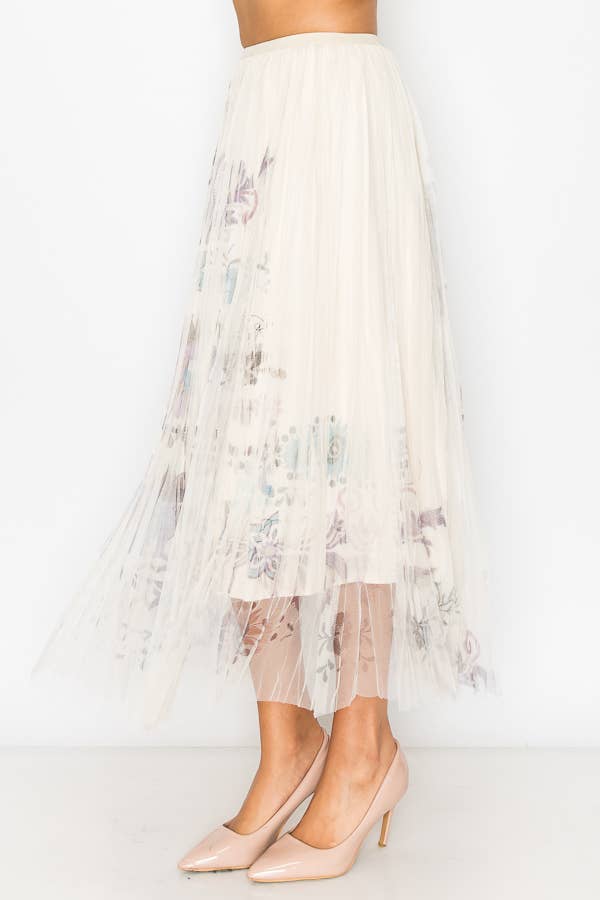 Chic Lined Pleated Tulle Midi Skirt With Elastic Waist - 4034 BG/EMBO FL