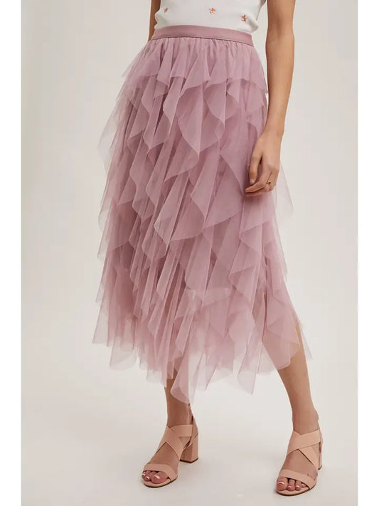 Ruffled Tulle Midi Skirt Rose