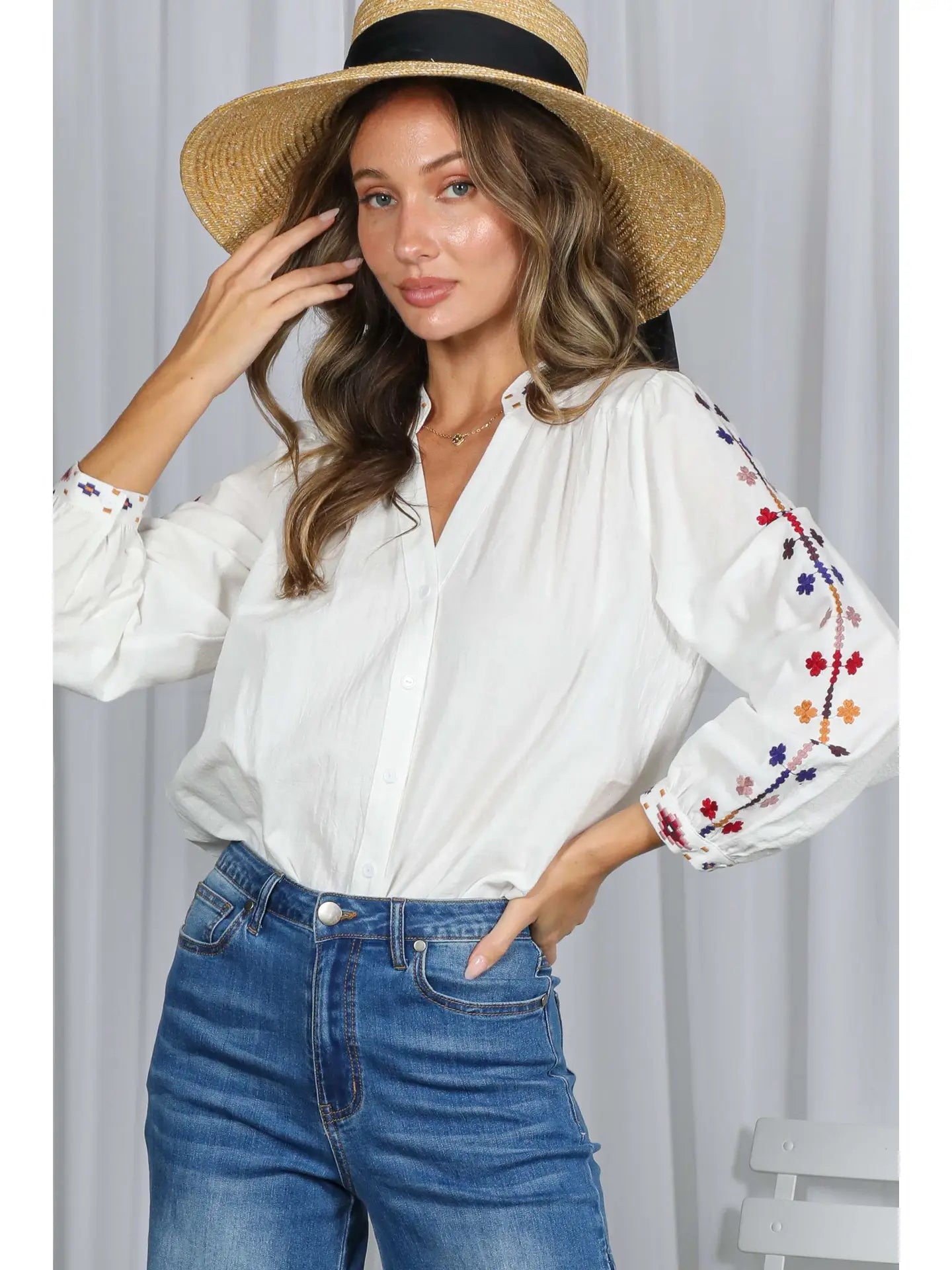 Round split neck embroidered blouse