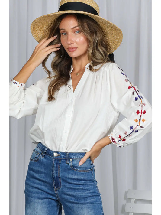 Round split neck embroidered blouse