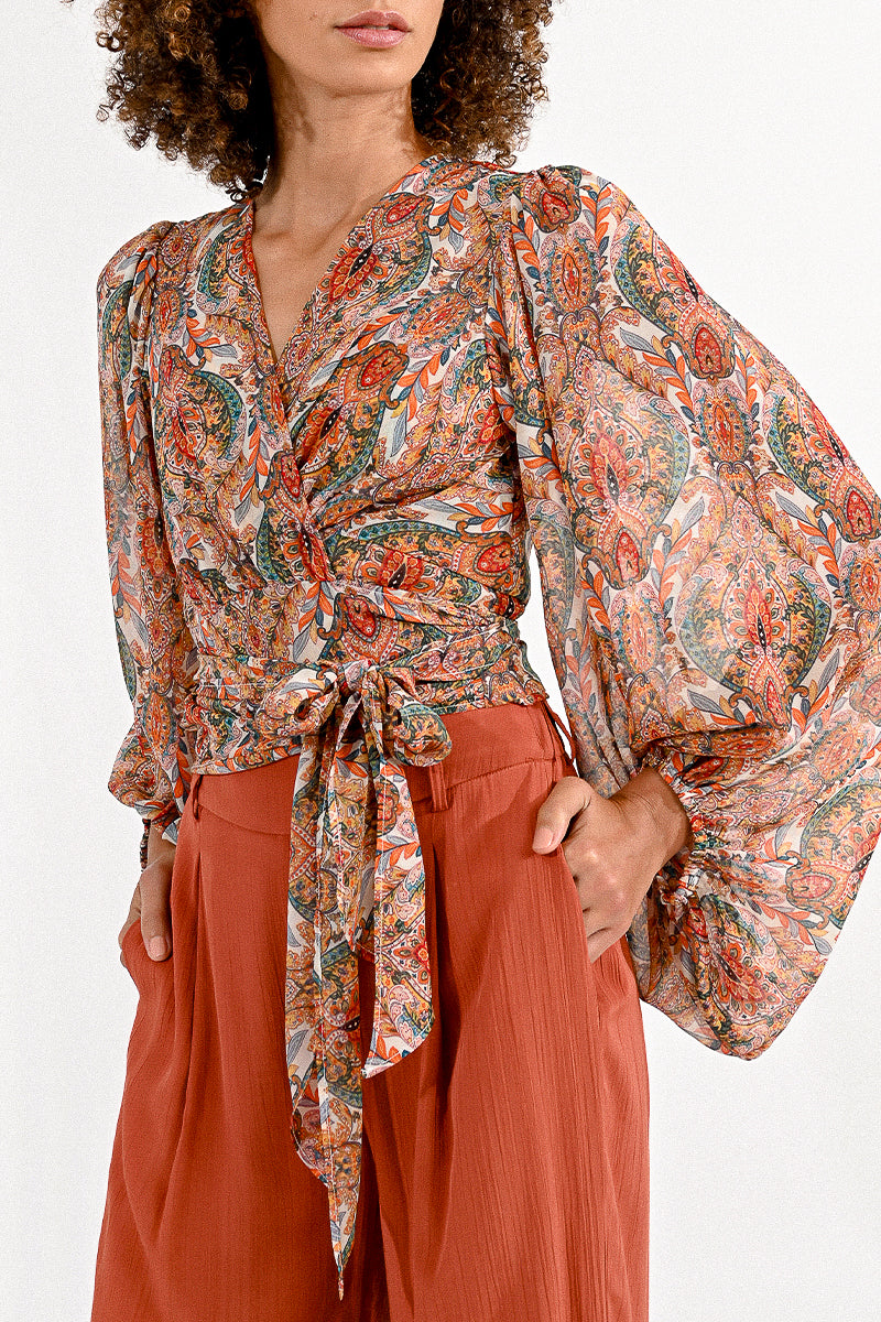 E1652CP Printed Wrap Top Camel Rani