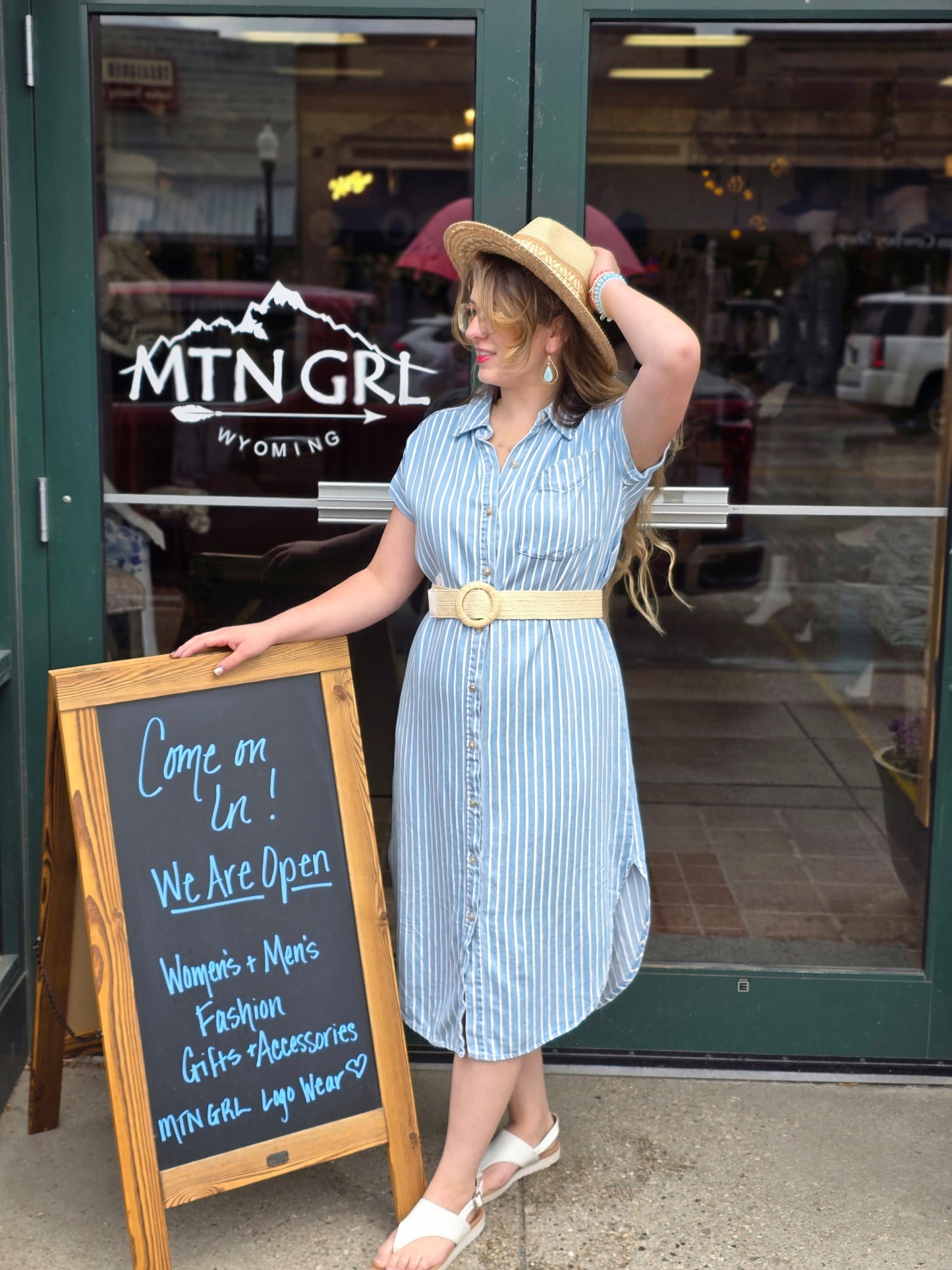 CR2551 Stripe Chambray Collared Tie Belt Strap Midi Dress
