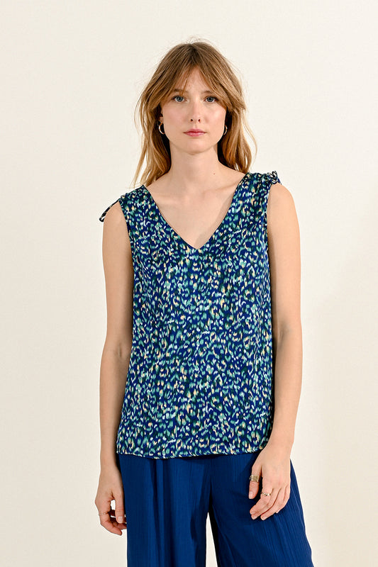 LA211DCP Vneck Print Tank Top Blue Oceane