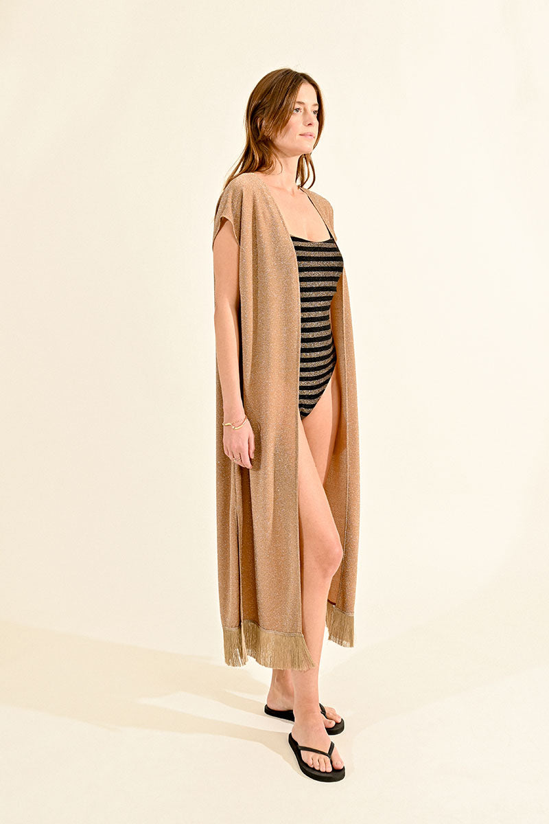 LAB121CE Long Iridescent Cardigan Golden Beige