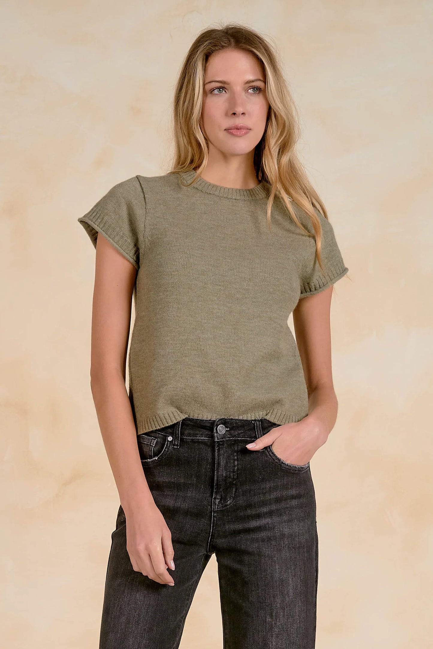 Elan Short Sleeve Crew Neck Sweater - Light Olive