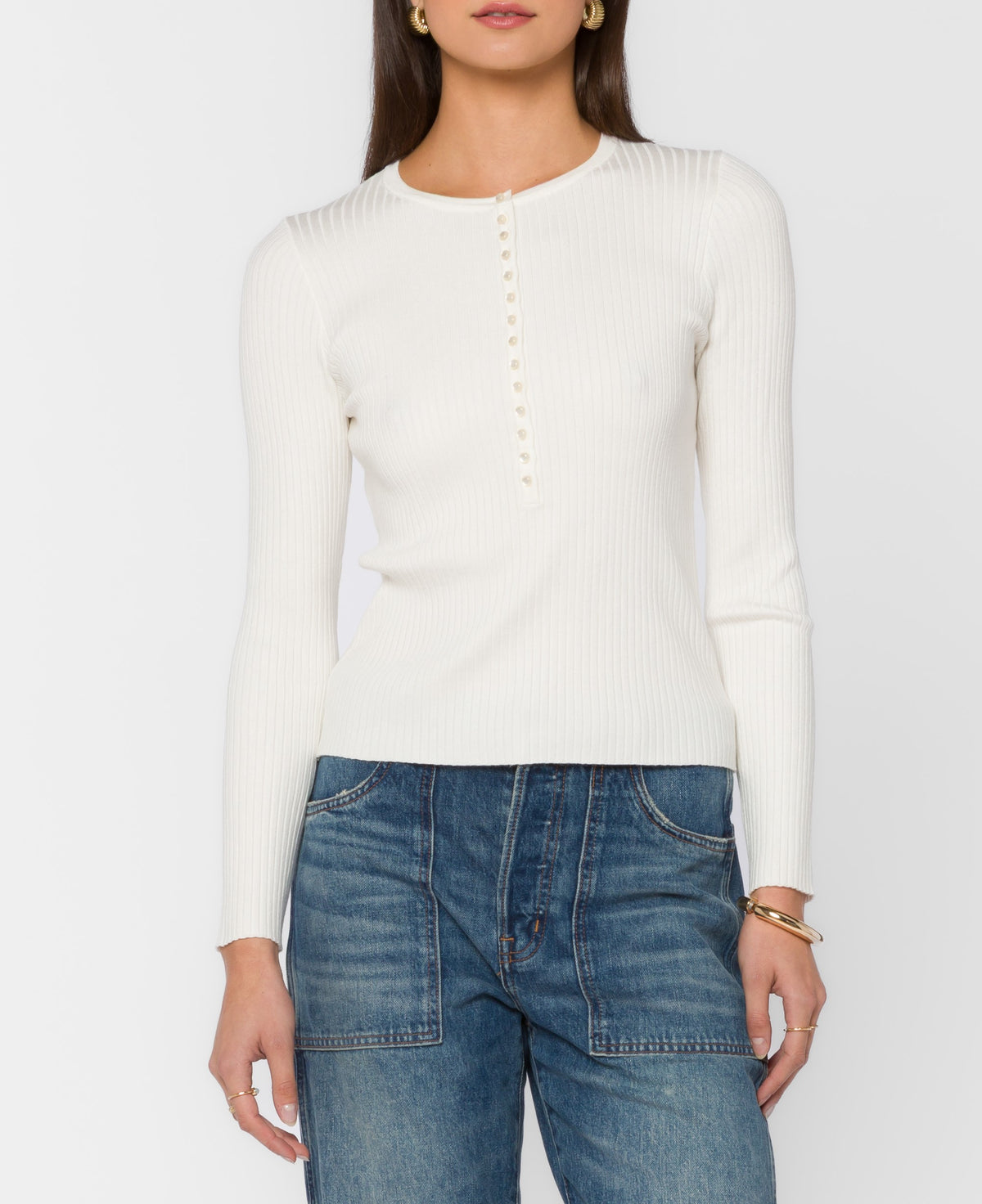 Selvi Long Sleeve Ribbed Top - Opt White