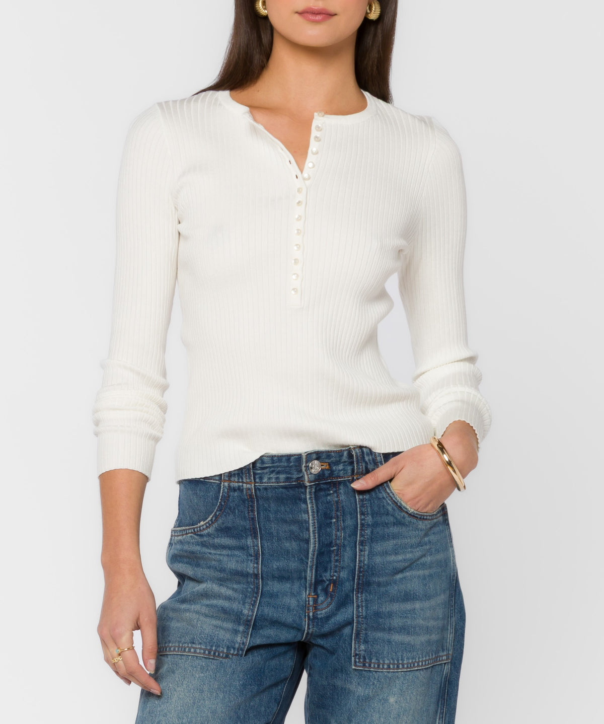 Selvi Long Sleeve Ribbed Top - Opt White
