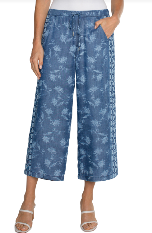 pull on wide leg crop trouser indigo floral
