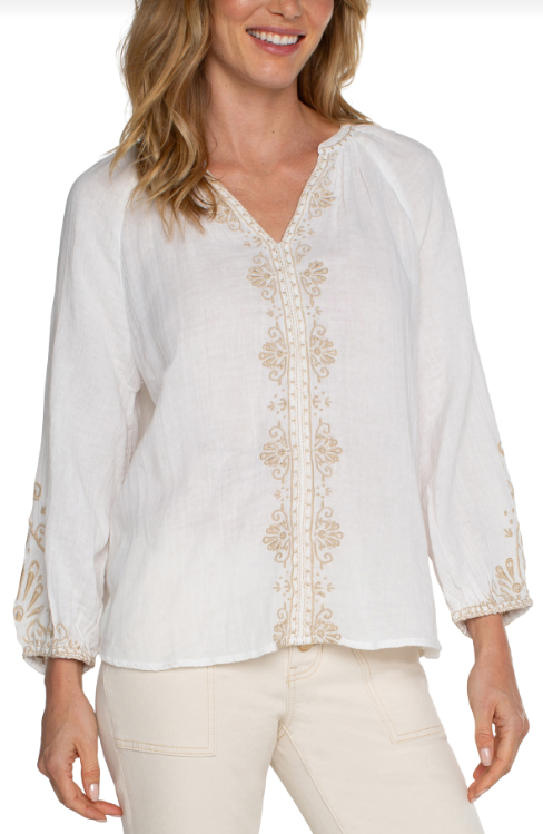 ls embroidered double gauze woven top off wht tan emb