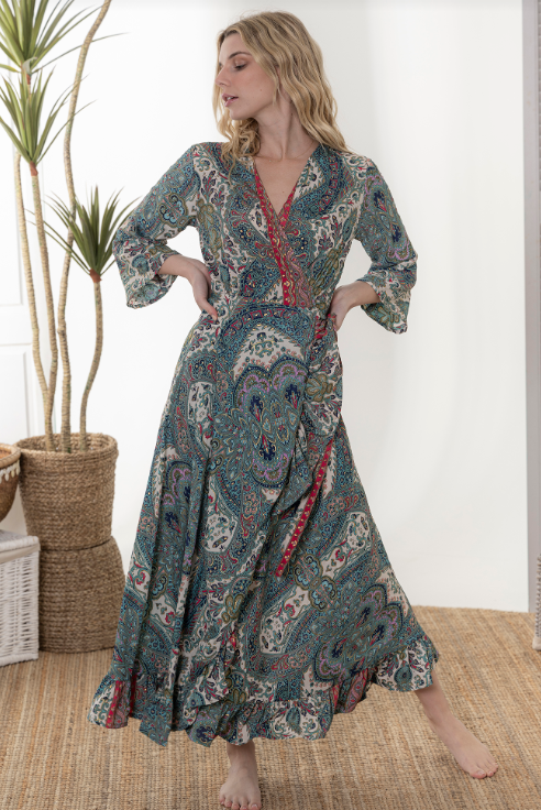 Calypso LS Wrap Dress Green