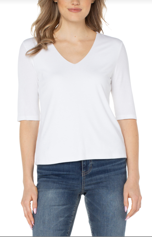 Double Layer Vneck Rib Knit Tee Cream